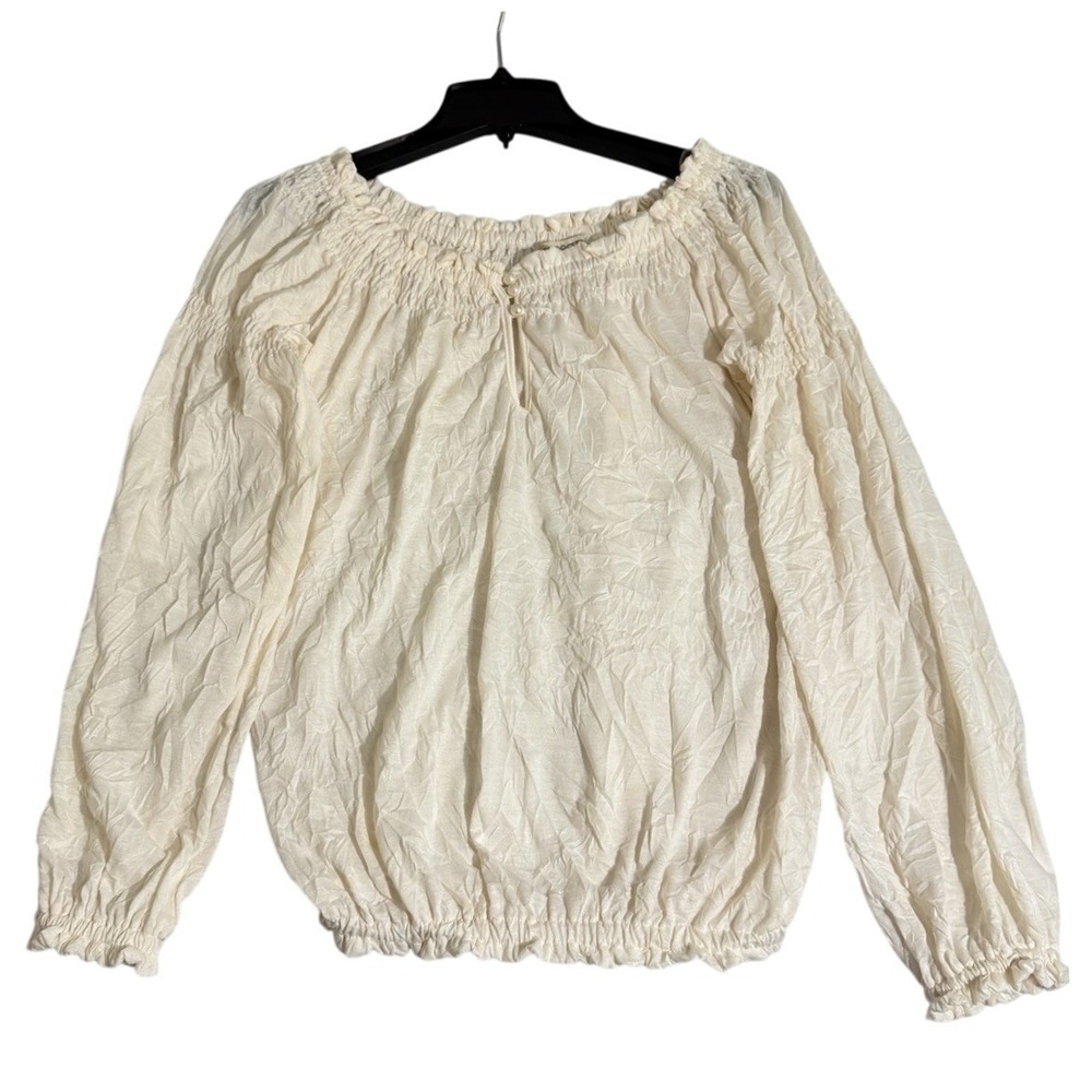 Cream Textured Off Shoulder‎ Smocked Peasant Blouse Top XS Coquette Romantic